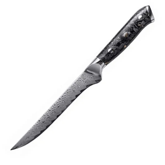 67-layer Damascus steel kitchen knife set with fishbone pattern, showing 8 knives including fruit, steak, and boning knives