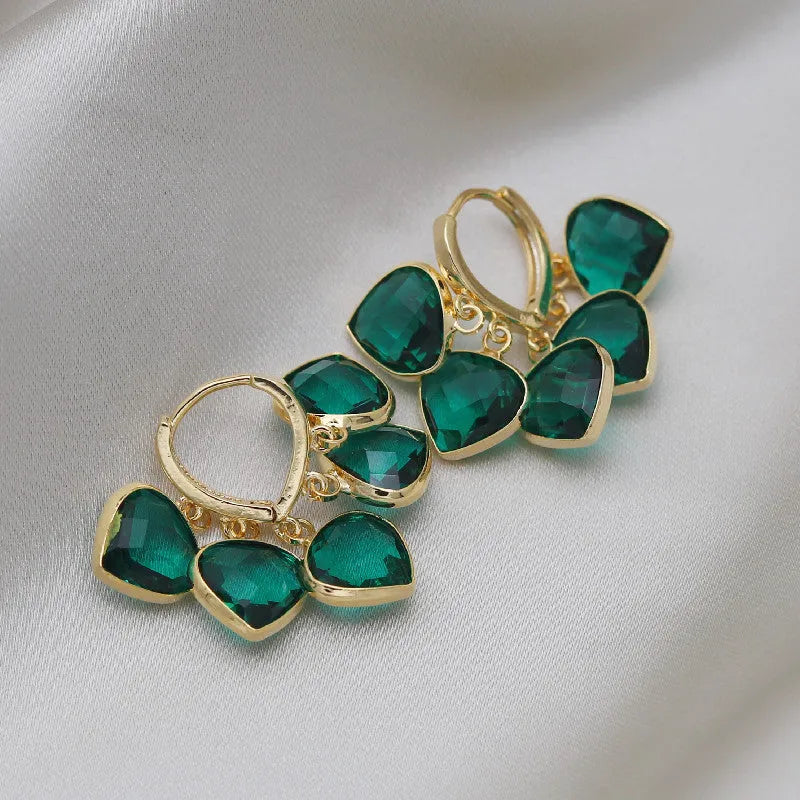 Green glass heart pendant earrings with Korean style design and ear clip fitting
