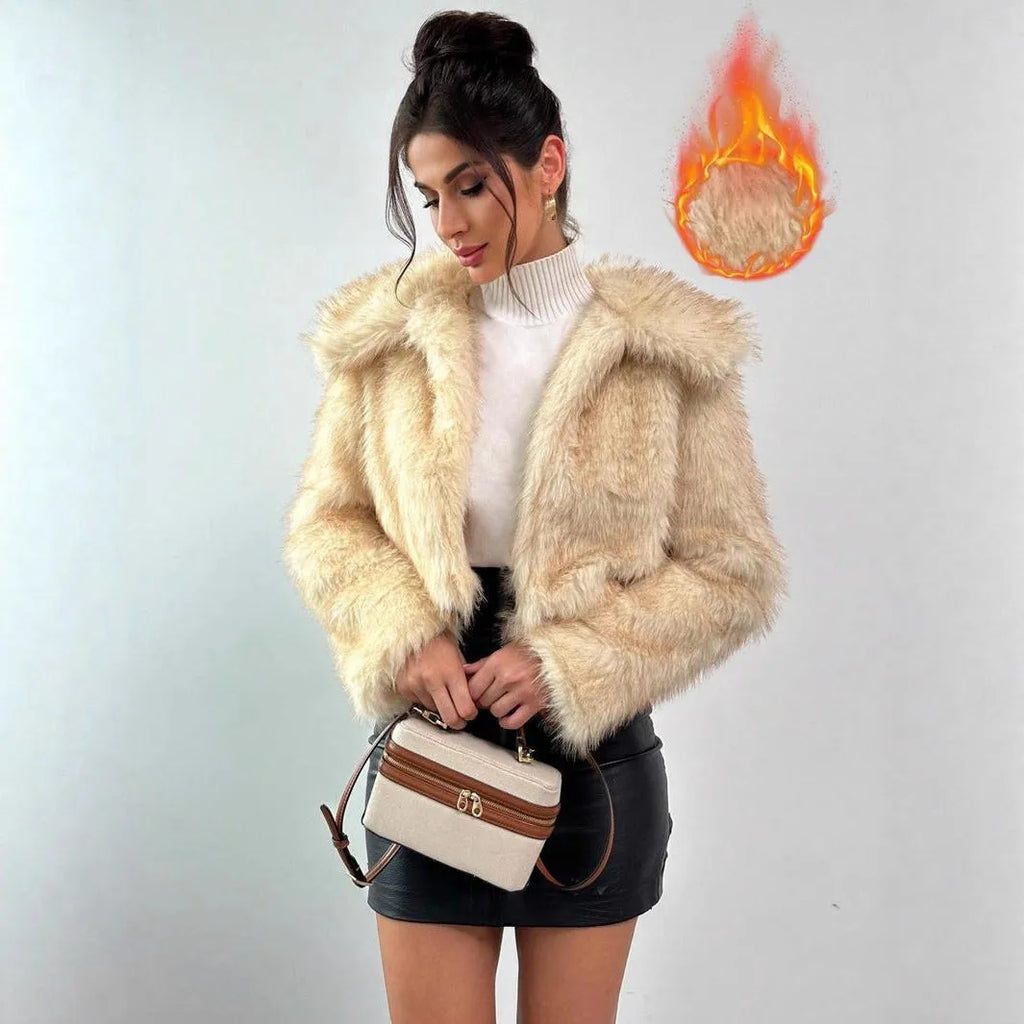 Women's artificial fur coat with thick fabric and fur collar in various colour combinations