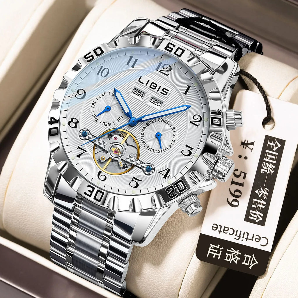 Men's silver automatic perpetual calendar watch with stainless steel strap and sapphire crystal face