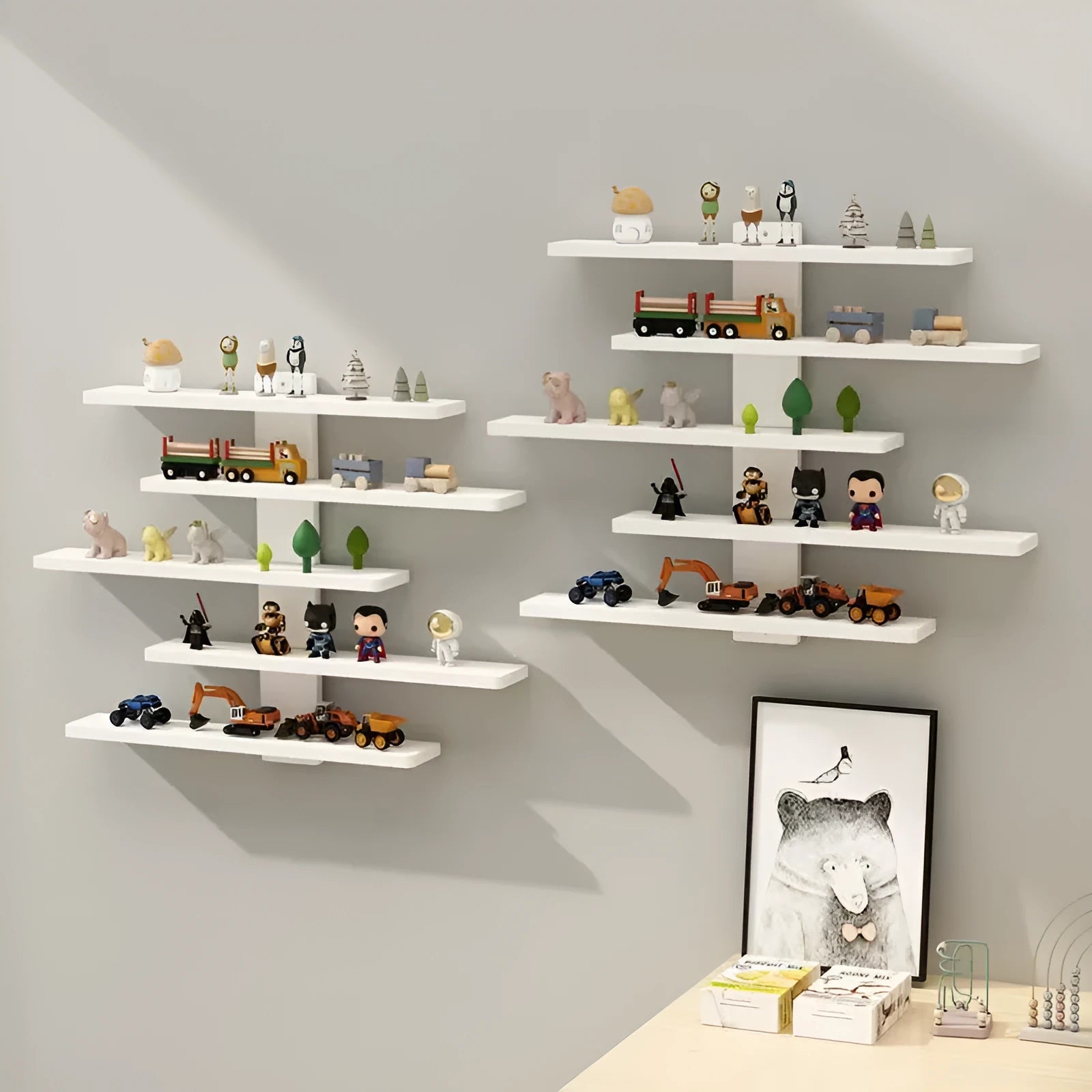 White 5-tier wall-mounted PVC rack displaying a collection of blind box dolls.