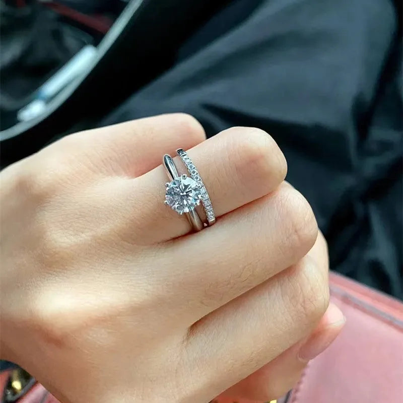 Adjustable silver plated couple rings with heart shapes, dragon phoenix decorations and moissanite stones
