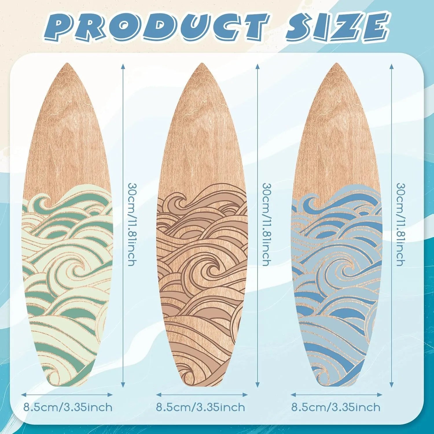 Three wooden surfboard wall decorations made from boxwood, each measuring 8.5cm wide by 30cm long