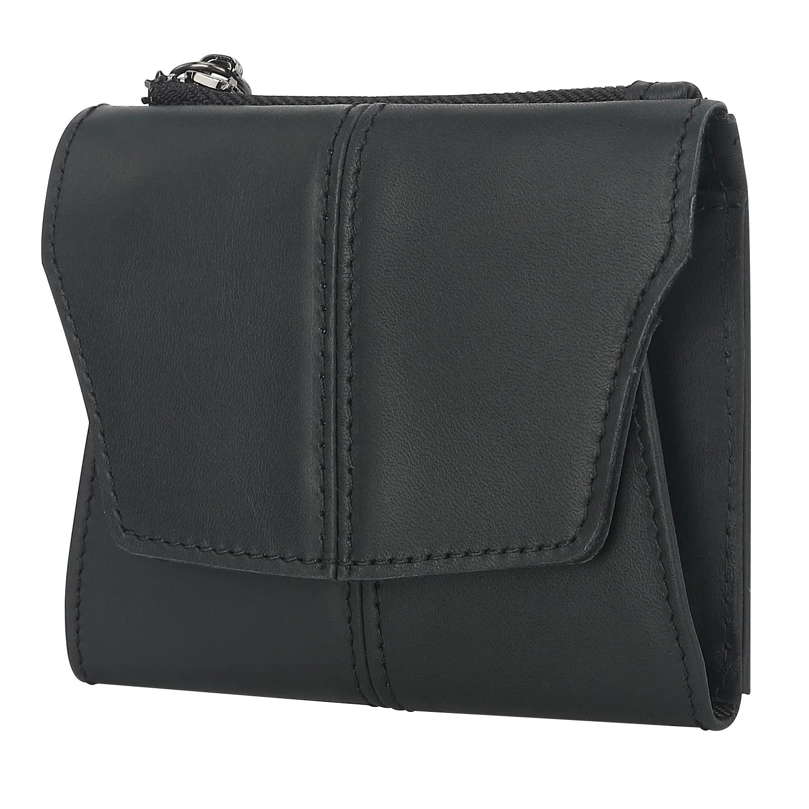 Genuine cowhide leather coin purse with stitching detail and lock mechanism in retro style