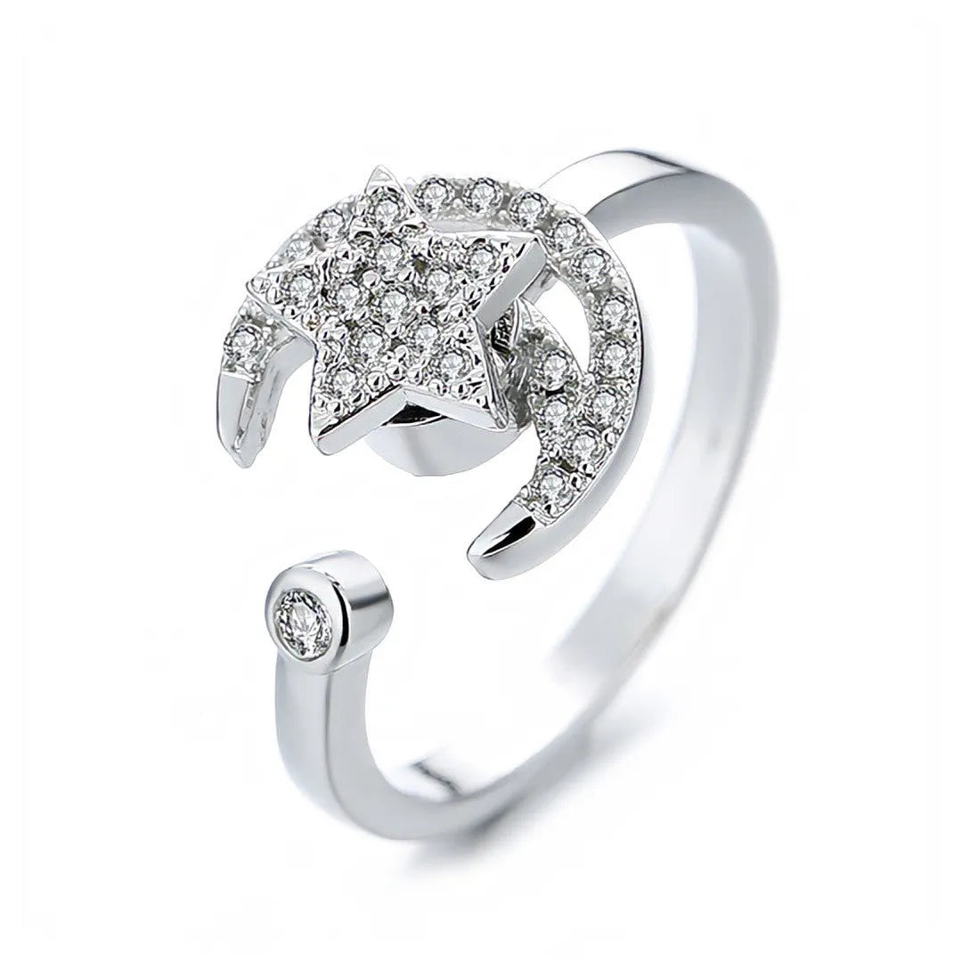 Gold micro-inlaid star moon anxiety ring with rotating zircon on adjustable copper band