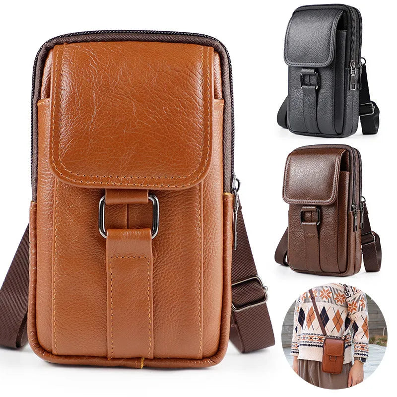Men's black composite cowhide leather waist bag with lock feature and vertical square shape