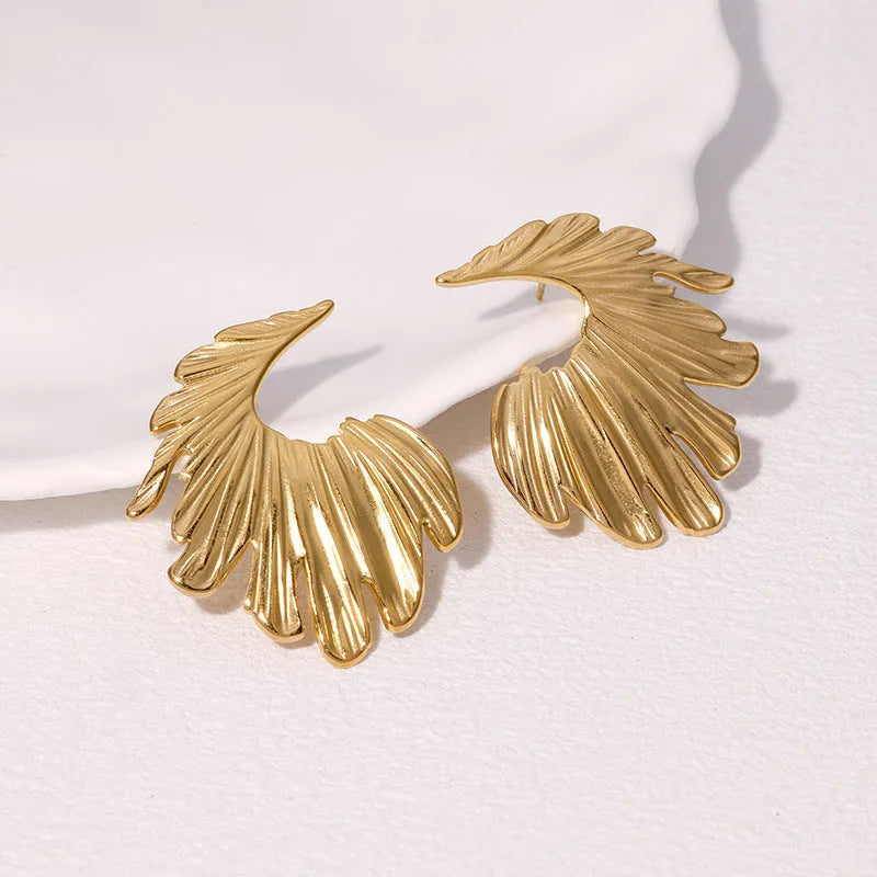 Stainless steel leaf earrings with electroplated finish in gold or steel colour options