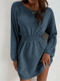 Blue women's knitted dress with hand-crocheted flower details, fitted waist, and 65cm length