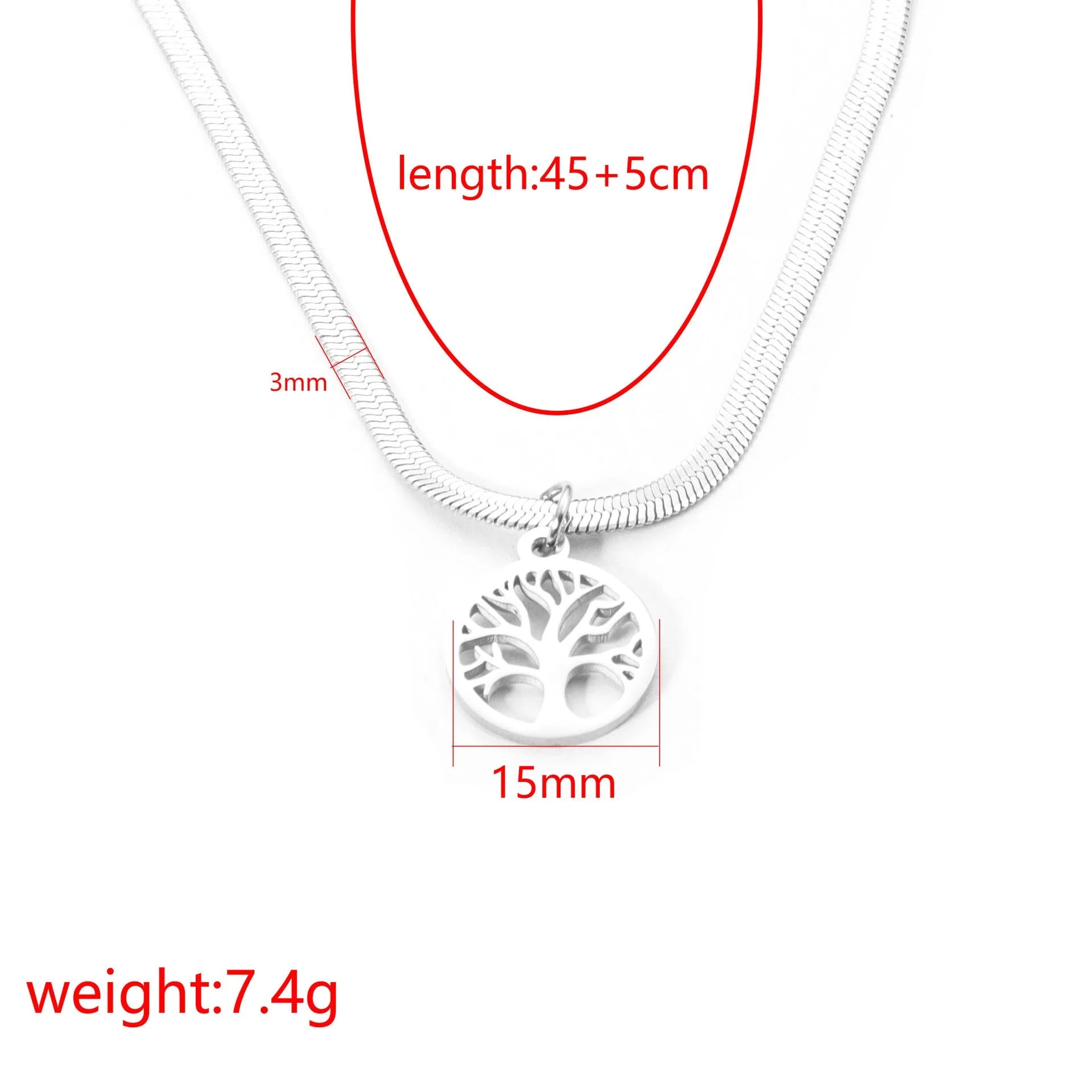 Stainless steel lucky tree necklace with adjustable snake bone chain and U-shaped titanium steel pendant
