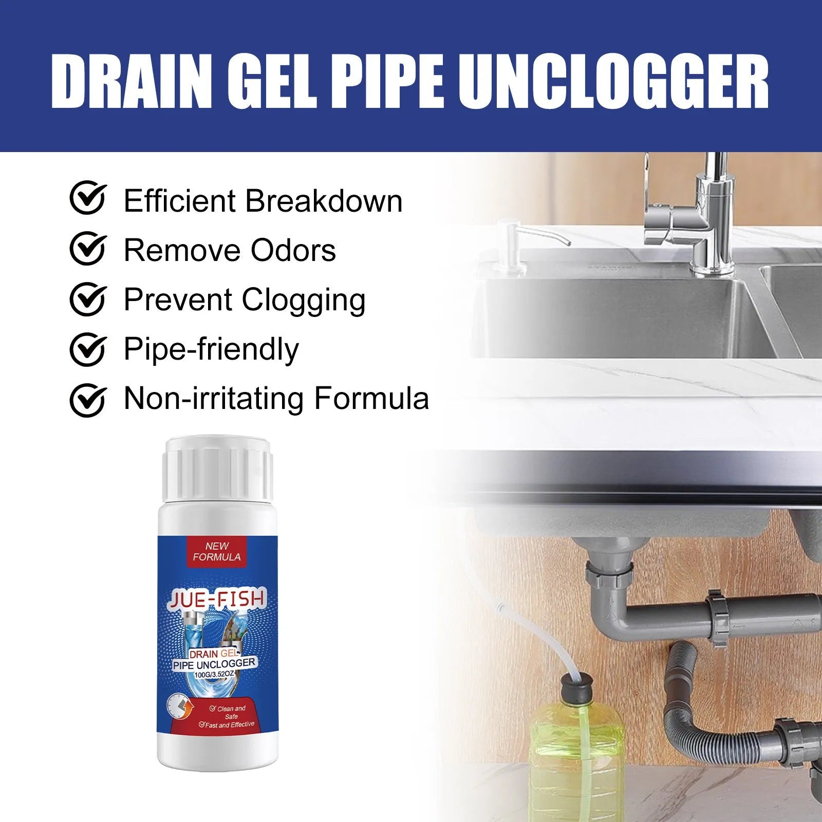 Pipe Dredge Agent packaging showing 100g net content for sewer and toilet applications