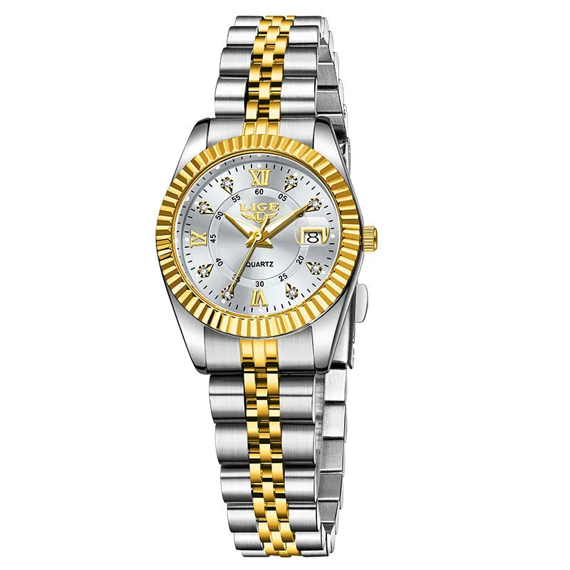 Waterproof women's fashion watch with 10mm thickness in gold black colour, showing slim profile and metallic finish.