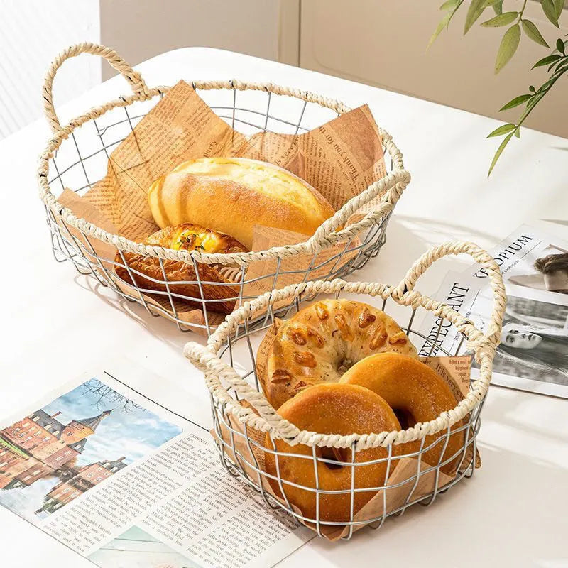 Nordic-style iron wire woven storage basket with open binaural weave design.