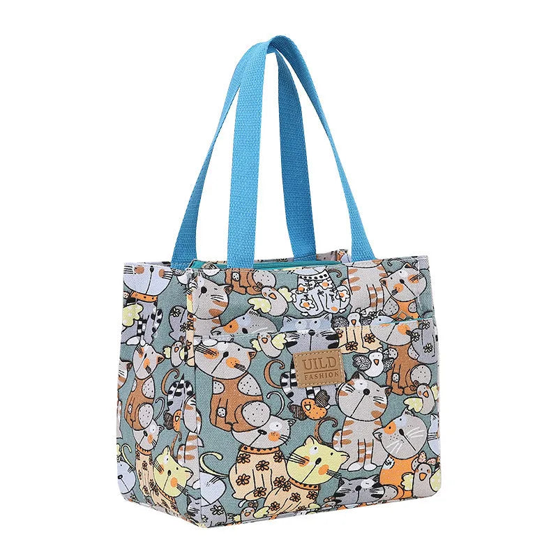 Women's portable printed canvas handbag with floral or animal motifs, aluminium hardware, and horizontal square shape