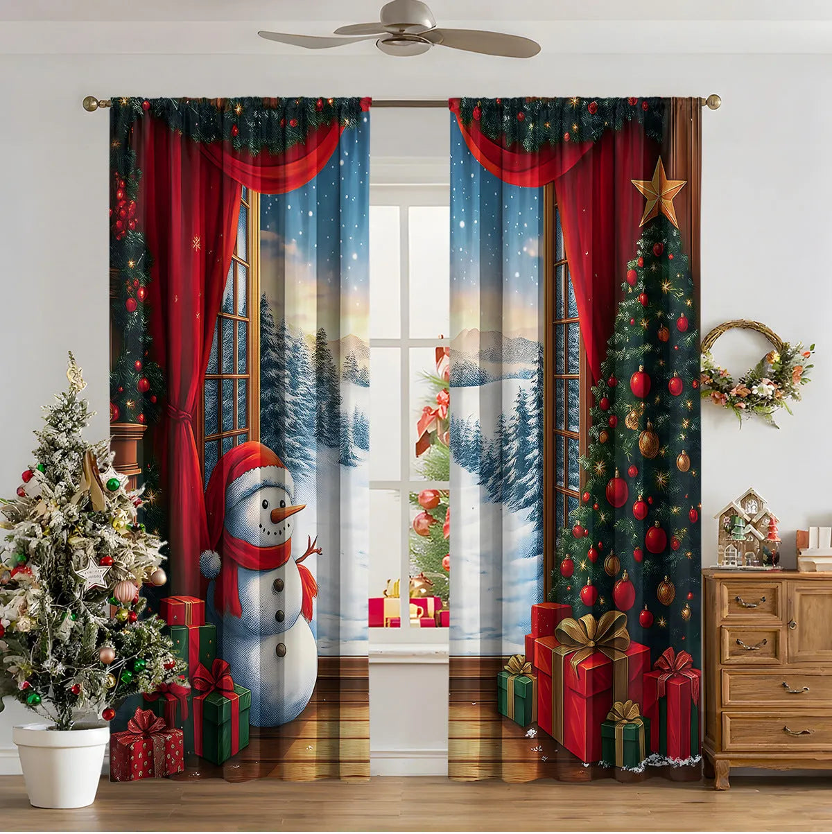 3D digital printed Christmas curtain in a European style, showing modern simplicity design and polyester fabric