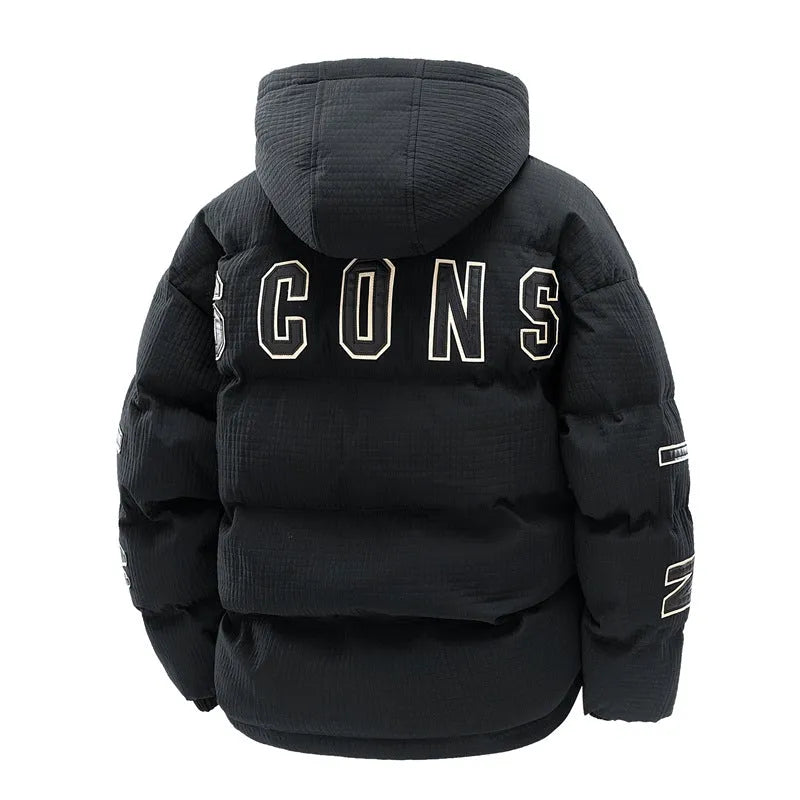 Man wearing a black Korean-style hooded cotton-padded winter coat with side pockets.