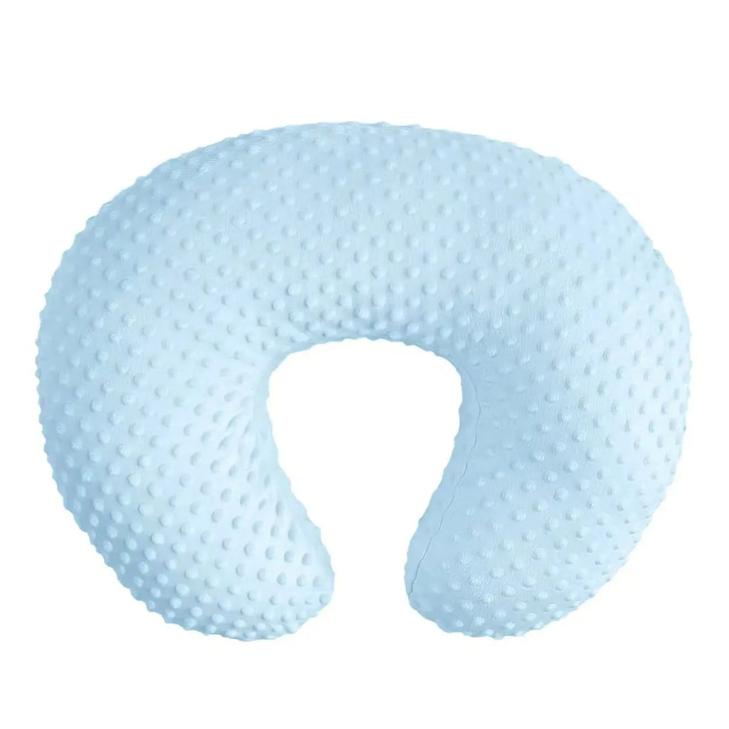 Nursing pillow with water-resistant cover in light blue, showing 35cm width and 15cm height for breastfeeding support