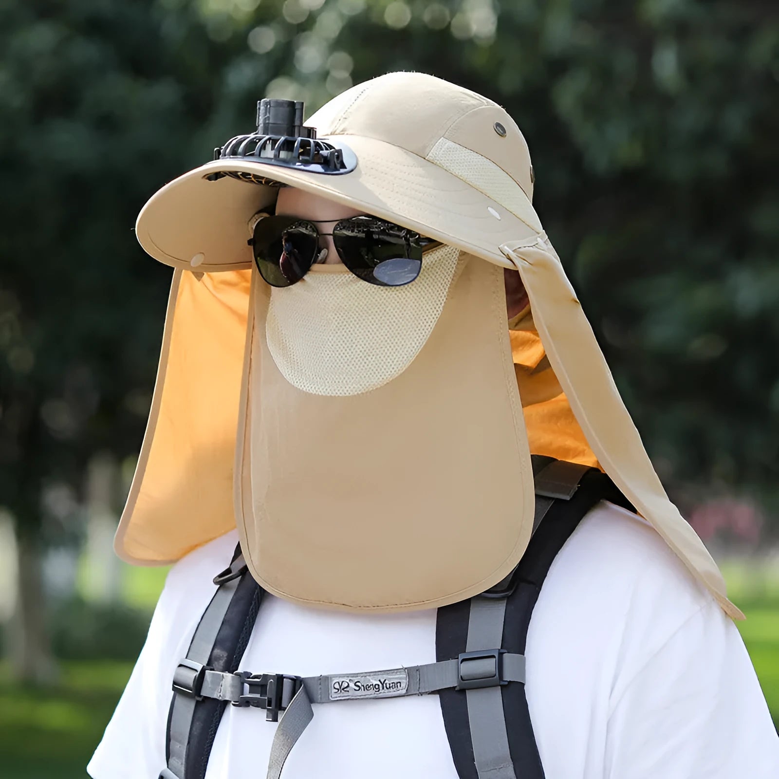 Men's khaki sun protection hat with USB fan and attached neck covering shawl for outdoor use
