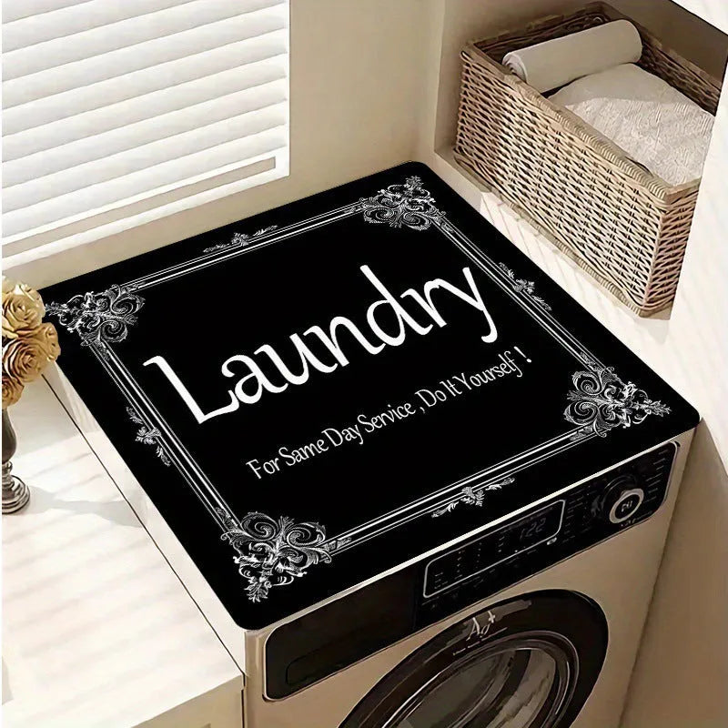 Square polyester washing machine floor mat with an abstract printed design in front of a laundry appliance.