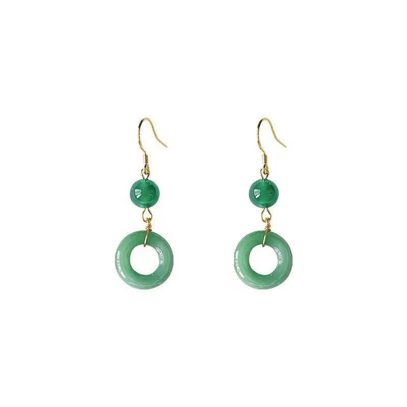 Green jade design cheongsam peace buckle earrings with geometric shape and zinc alloy construction