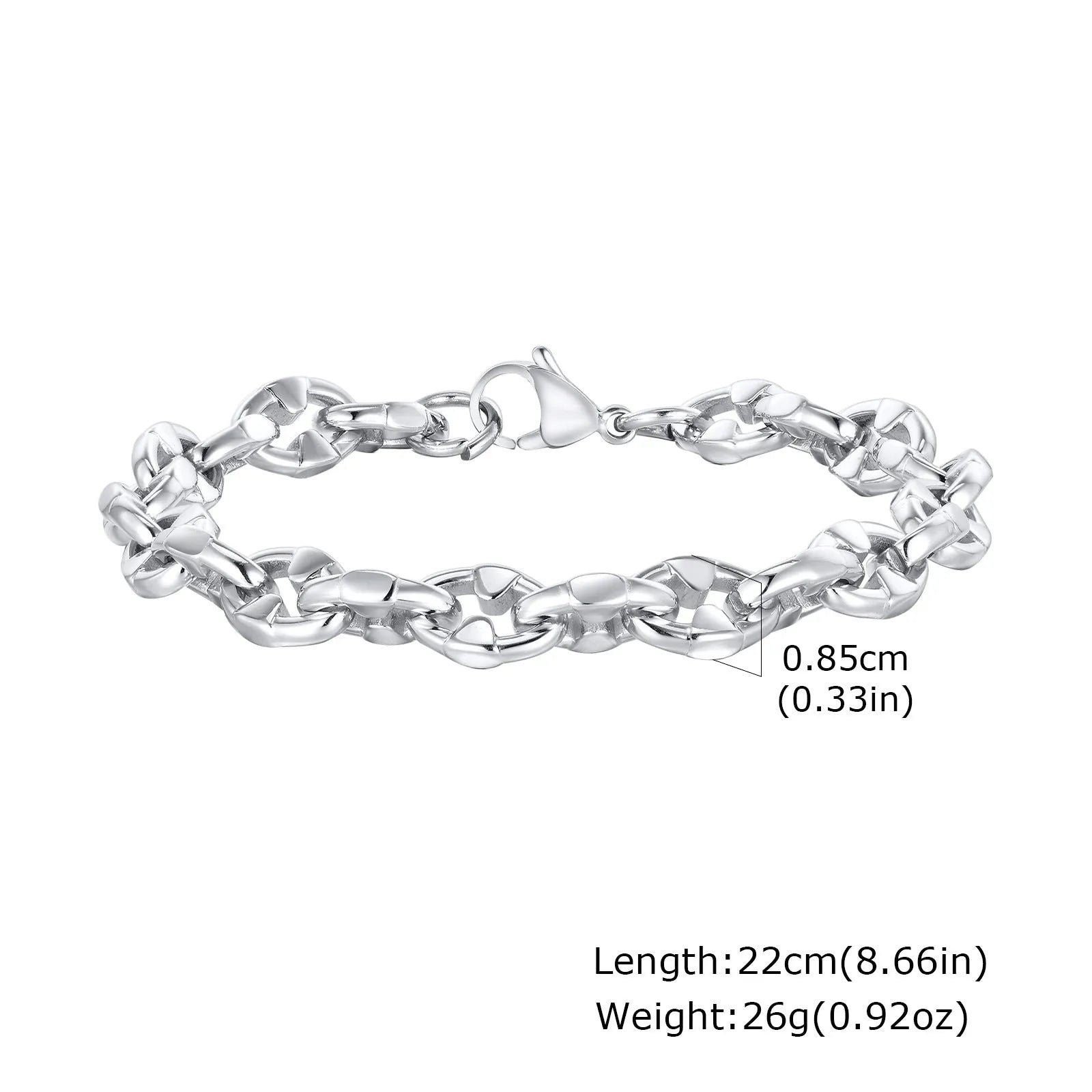 Stainless steel geometric chain bracelet with 6mm thick links and adjustable clasp on wrist