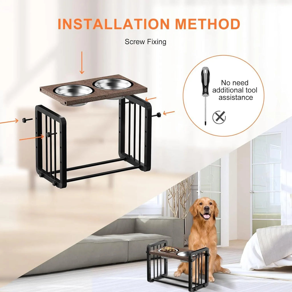 Black wooden dog bowl stand measuring 37 by 23 centimetres with elevated feeding platform