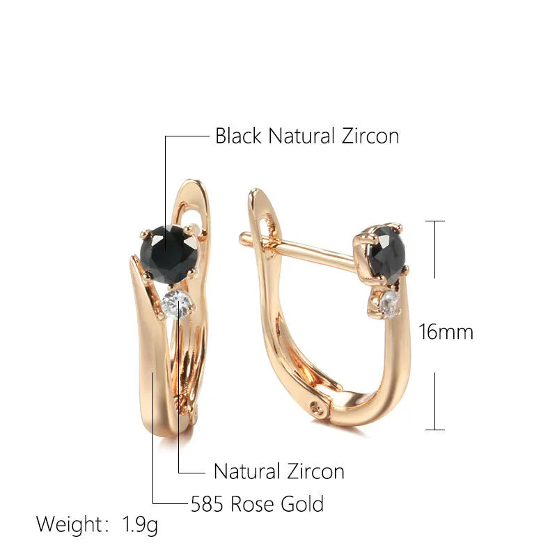Gold geometric drop earrings with black agate stone inlay on copper setting, retro design