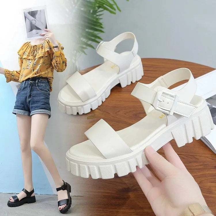 Women's beige platform sandals with peep toe and ankle-strap buckle in college style