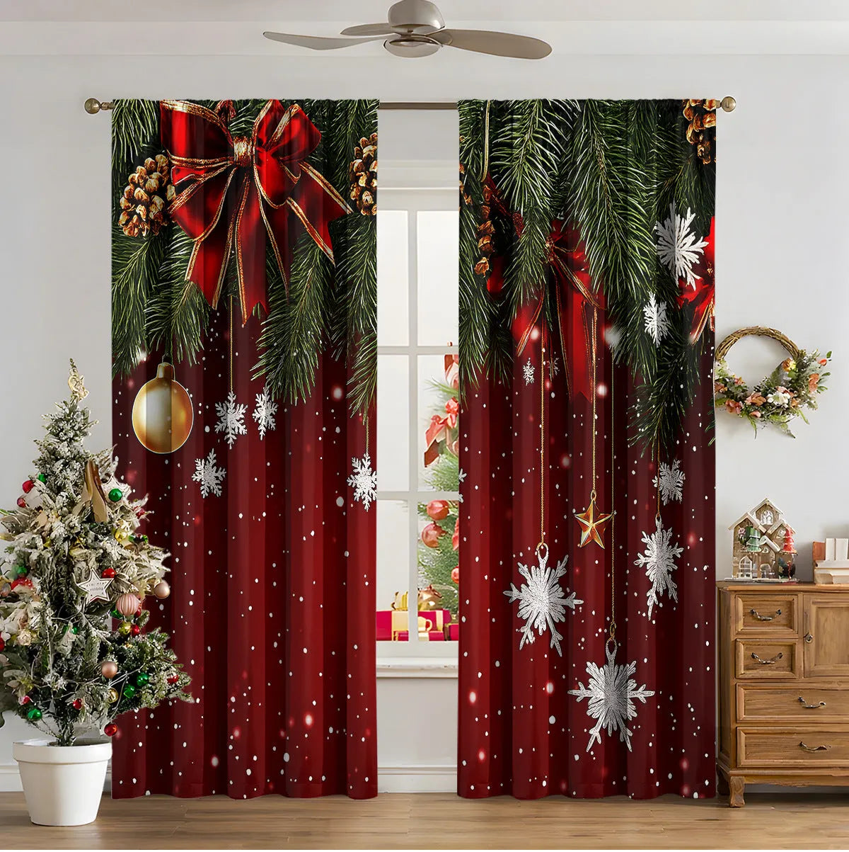 3D digital printed Christmas curtain in a European style, showing modern simplicity design and polyester fabric