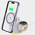 C16 portable magnetic three-in-one wireless folding charger in black showing iPhone, Apple Watch and AirPods charging simultaneously