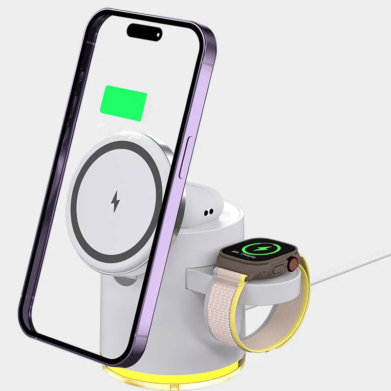 C16 portable magnetic three-in-one wireless folding charger in black showing iPhone, Apple Watch and AirPods charging simultaneously