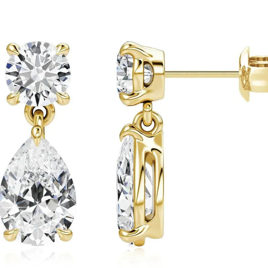 925 sterling silver moissanite stud earrings with round and water drop stones on gold or silver background