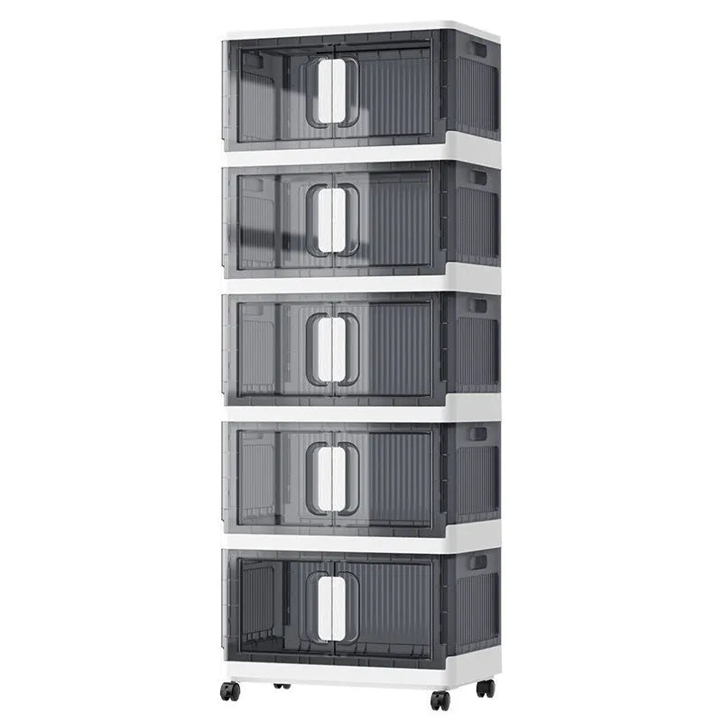 Foldable white storage locker with wheels showing 4 shelves containing shoes and toys