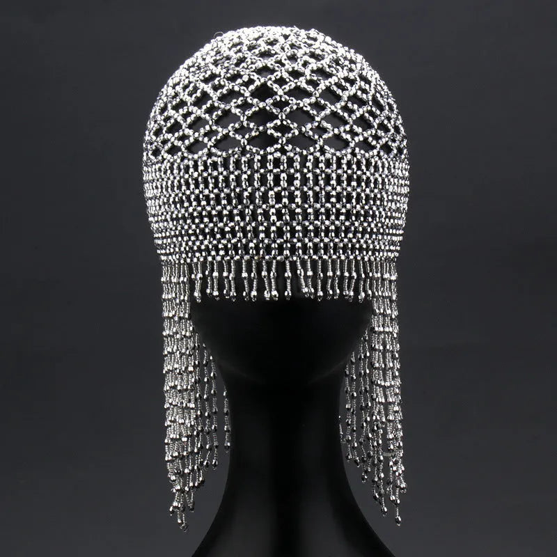 Handmade beaded belly dance hat with alloy tassel, 23cm width silver mesh decorative headwear