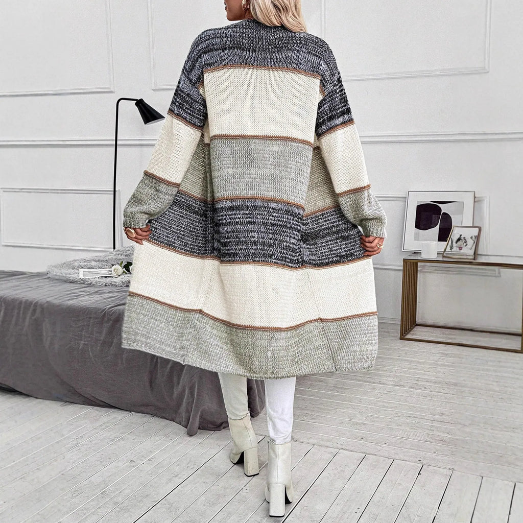 Grey knitted long cardigan with striped pattern, loose fit, and long sleeves for women's casual wear
