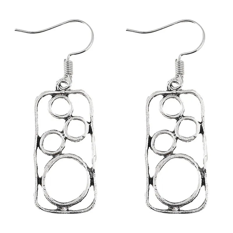 Pair of antique silver geometric earrings with an irregular square stud and round ring on zinc alloy posts.