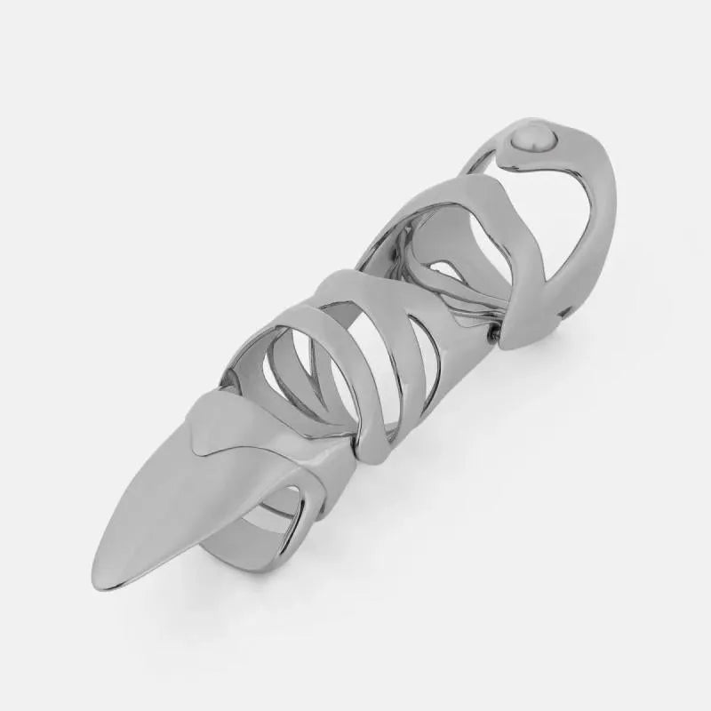Silver alloy punk armour finger stall with textured ridges on a hand