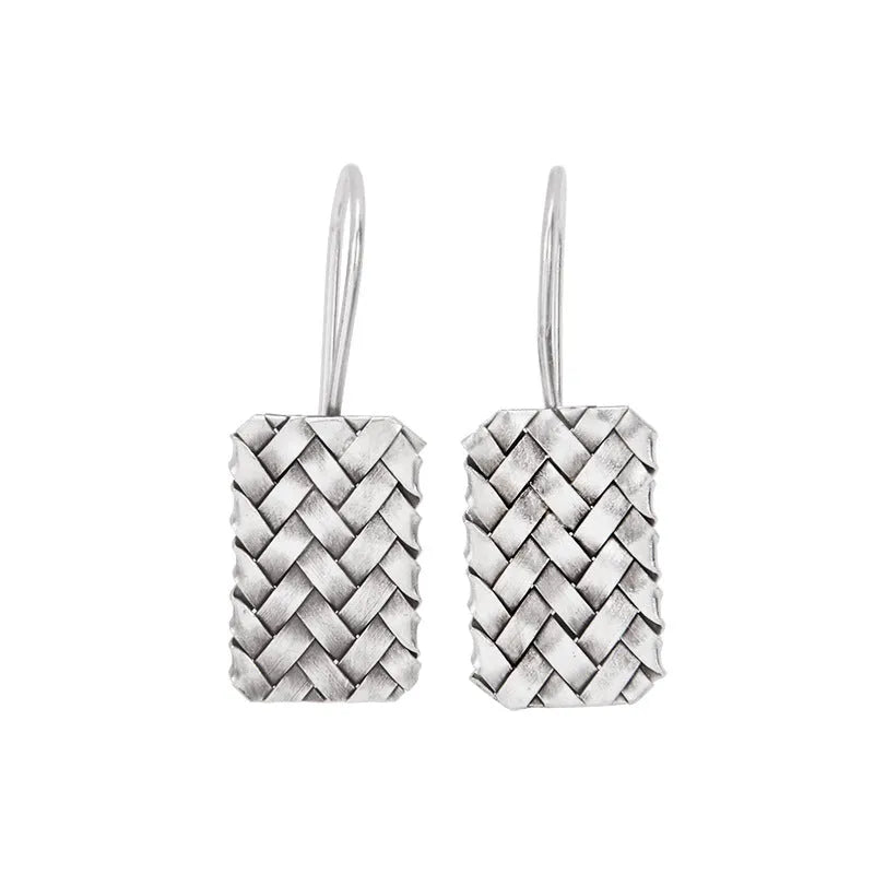 Silver geometric earrings with woven diamond plaid pattern, measuring 17.5mm by 11mm