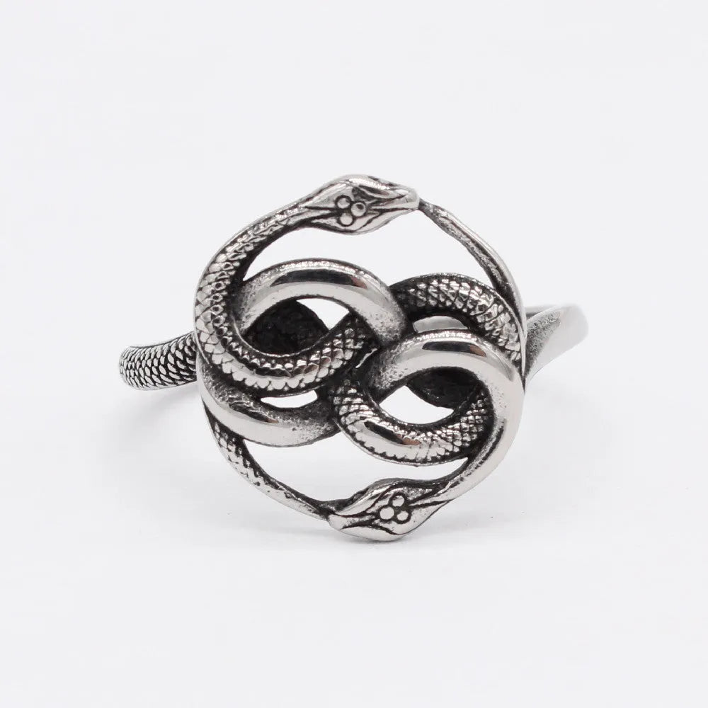 Titanium steel double snake ring with retro design in steel colour, showing detailed scale patterns and matte cold wind finish
