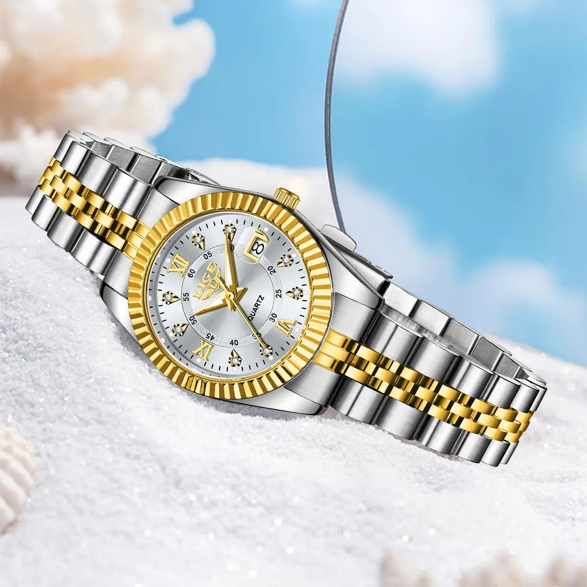 Waterproof women's fashion watch with 10mm thickness in gold black colour, showing slim profile and metallic finish.