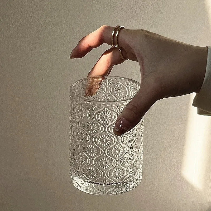 A carved begonia pattern glass cup shown in two heights: a short 250ml cup and a tall 360ml cup.