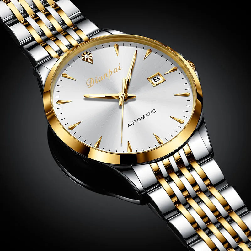 Men's automatic mechanical watch with stainless steel case and strap, simple dial, available in white, black, blue colours