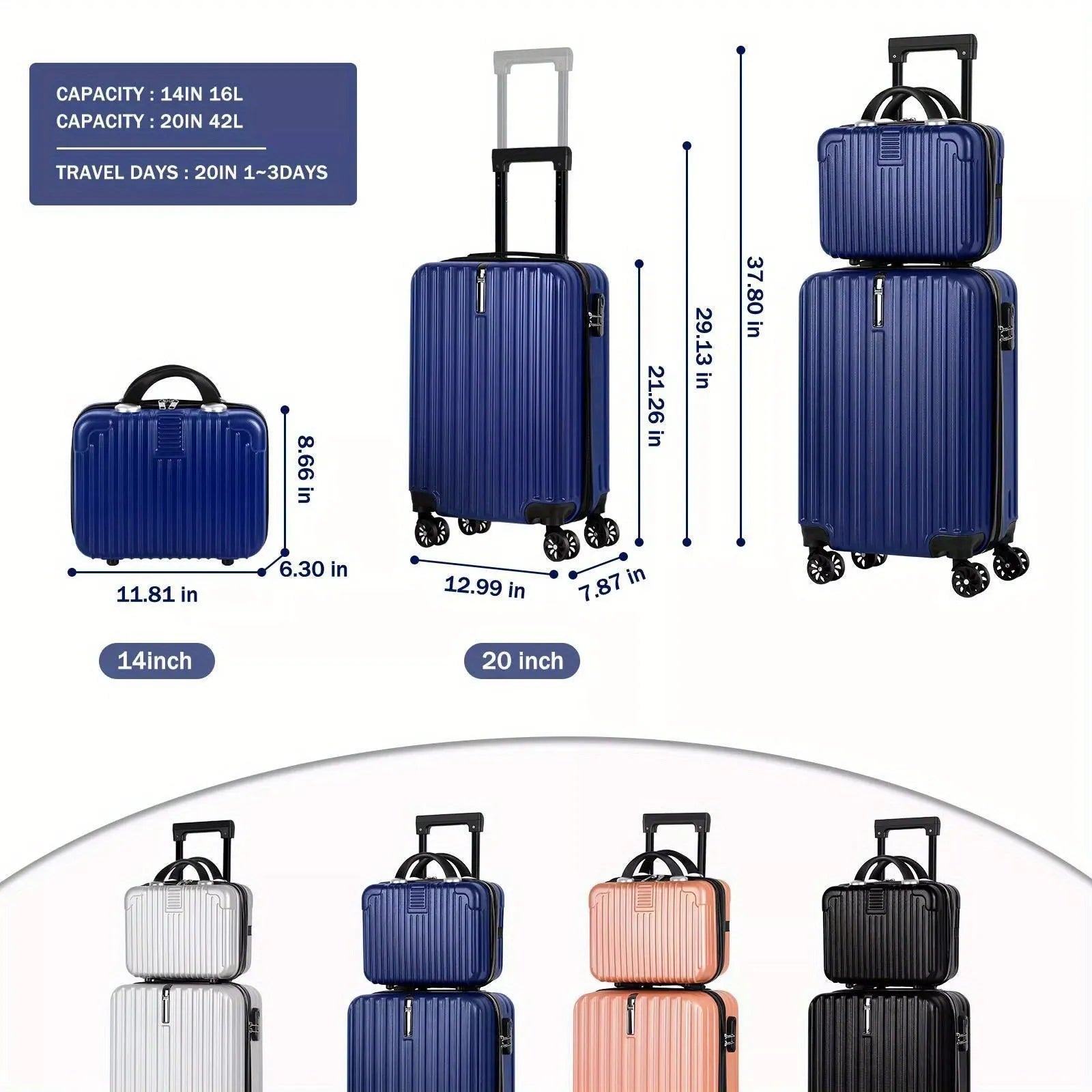 Aluminium alloy luggage and mini box travel set with two trunks in 14-inch and 20-inch sizes