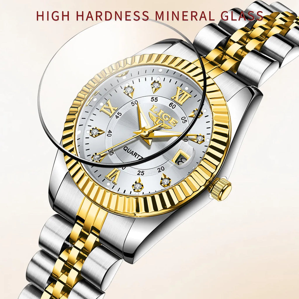 Waterproof women's fashion watch with 10mm thickness in gold black colour, showing slim profile and metallic finish.