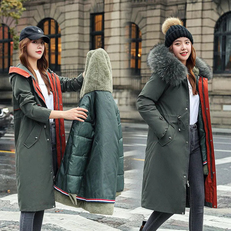 Women's long beige trench coat with down cotton filler, 100cm length, and two-way design shown in outdoor setting