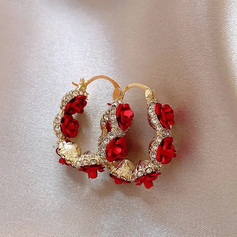 Red floral alloy clip-on earrings with rose detail for women