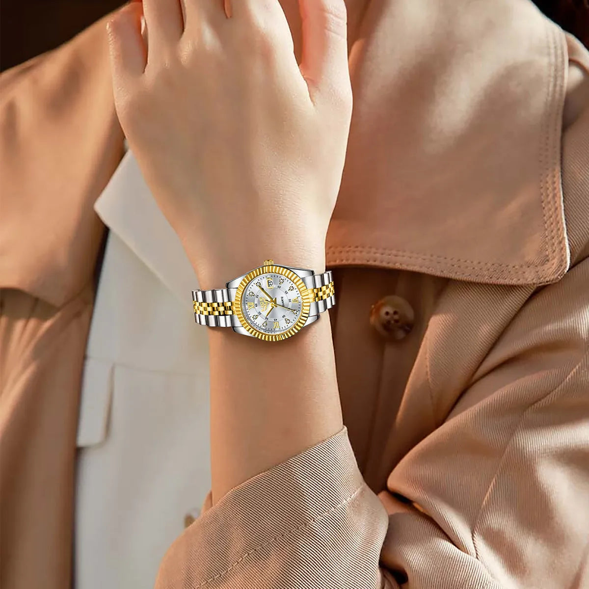 Waterproof women's fashion watch with 10mm thickness in gold black colour, showing slim profile and metallic finish.