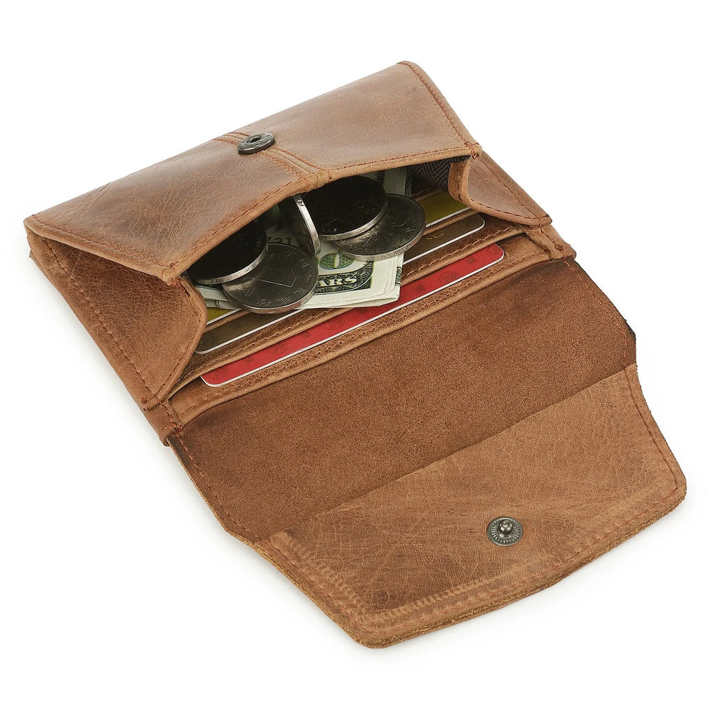 Genuine cowhide leather coin purse with stitching detail and lock mechanism in retro style