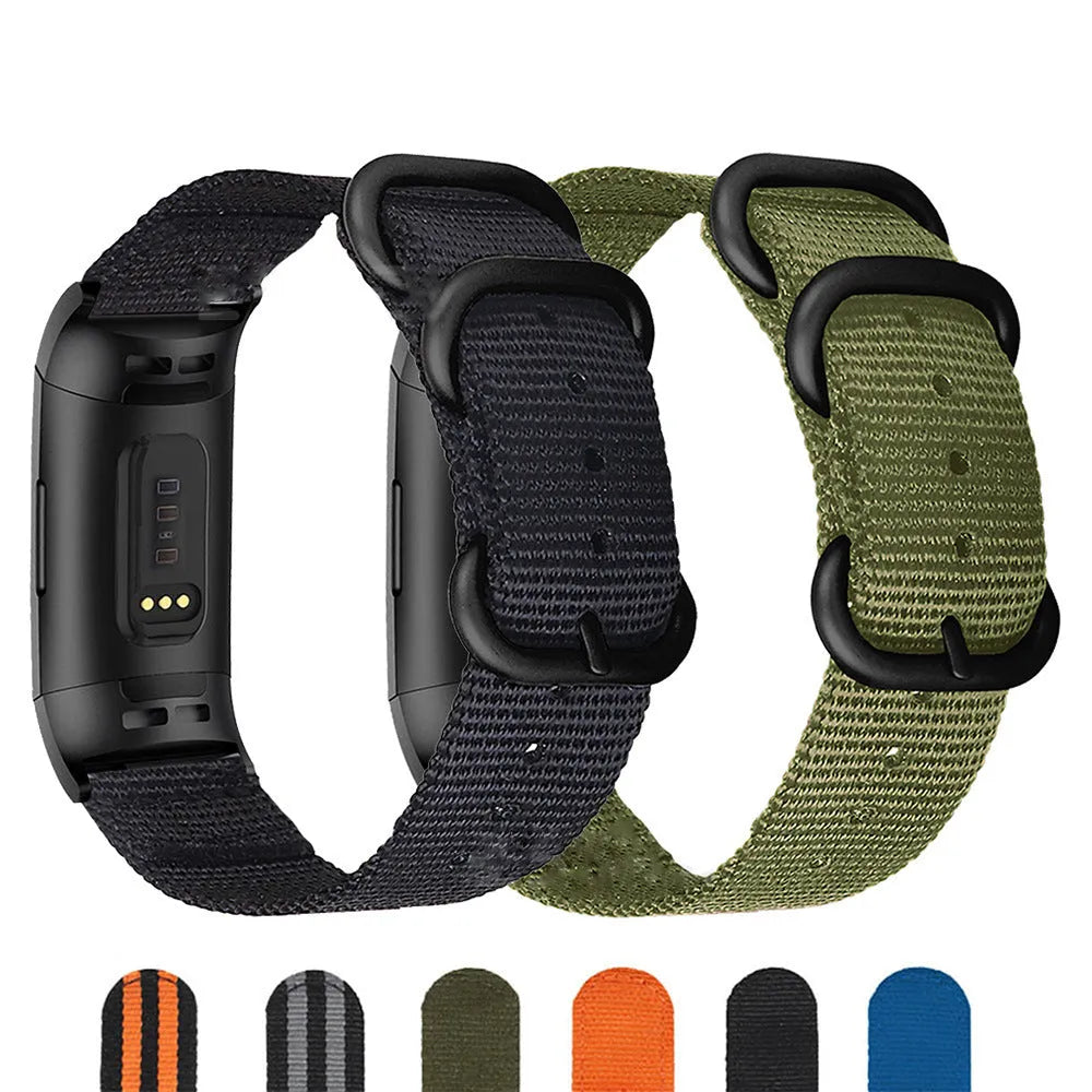 Army Green nylon three-ring buckle strap for Fitbit Charge 3 and Charge 4 fitness tracker.