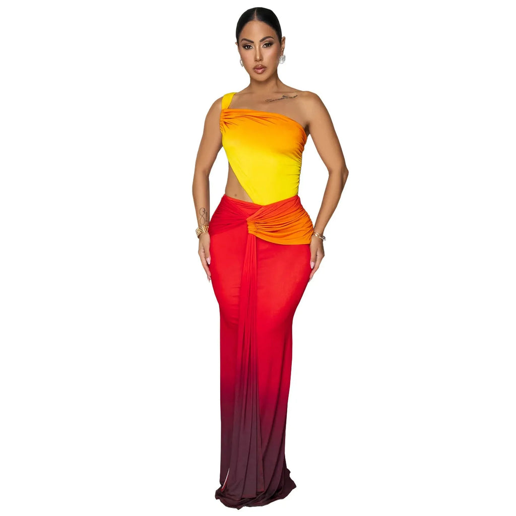 Women's cross-shoulder gradient dress with long skirt and high waist in brown colour option