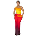 Women's cross-shoulder gradient dress with long skirt and high waist in brown colour option